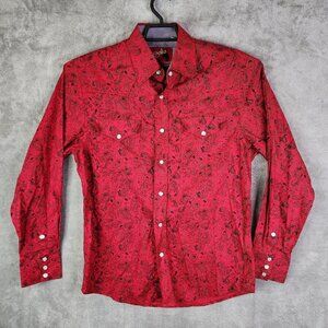 Mens Rodeo Clothing Red Paisley Print Long Sleeve Snap Western Shirt M Medium
